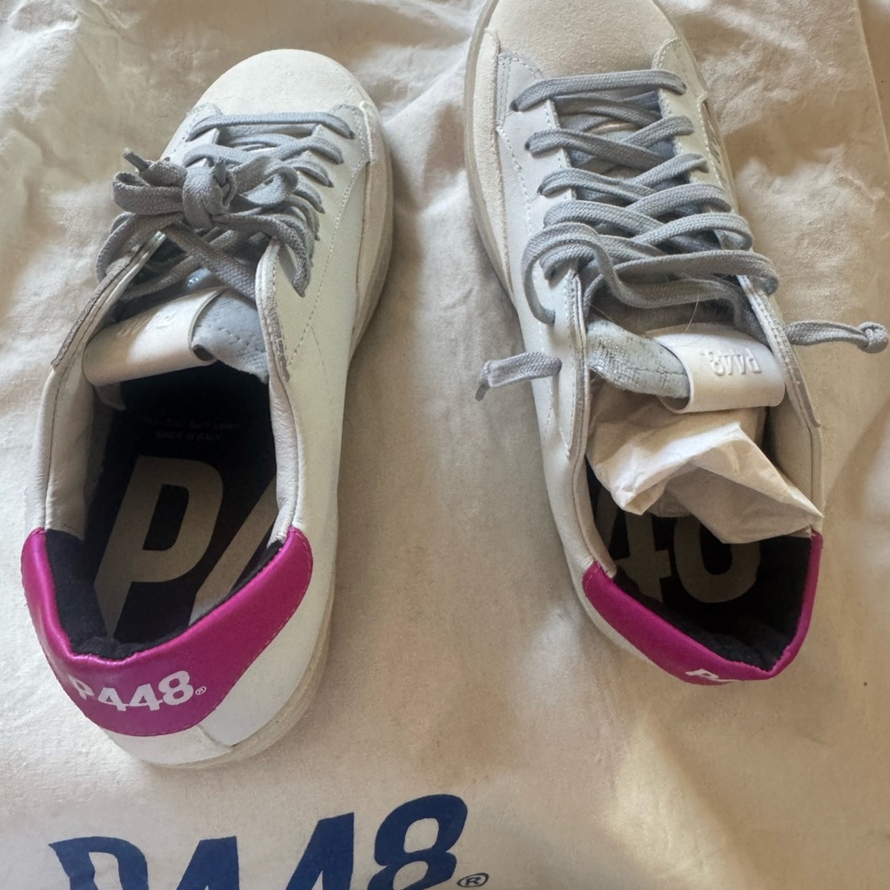 Brand New P448 White Sneakers with Pink Heel